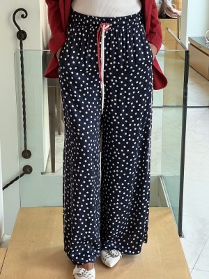 Pantalone palazzo blu pois bianco
