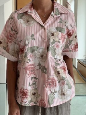 Camicia righe fiori rosa