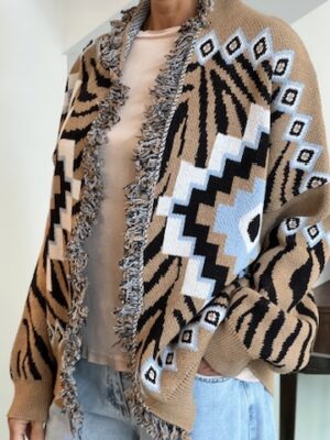 Cardigan etnico azzurro cammello